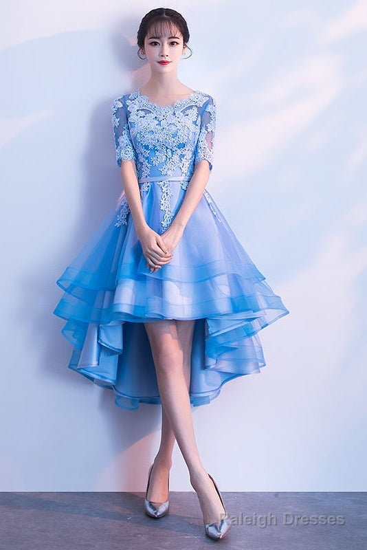 Blue High Low Tulle Prom Dresses Cute Tulle Prom Dresses With Lace Applique