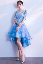 Blue High Low Tulle Party Dress , Cute Tulle Formal Dress With Lace Applique
