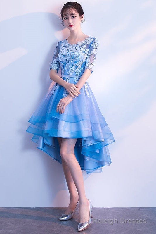 Blue High Low Tulle Party Dress , Cute Tulle Formal Dress With Lace Applique