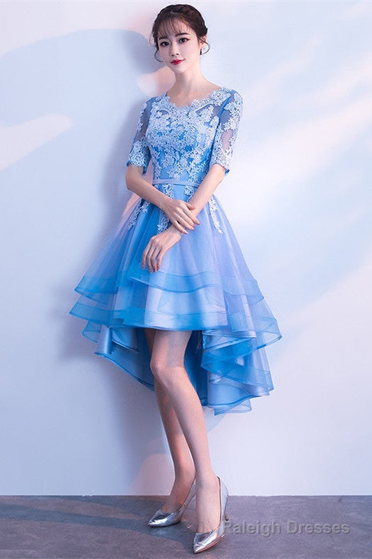 Blue High Low Tulle Prom Dresses Cute Tulle Prom Dresses With Lace Applique Main image
