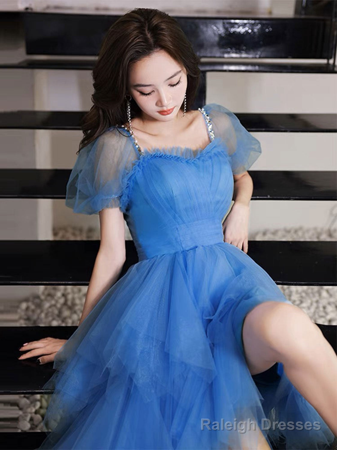 Blue High Low Tulle Prom Dresses, Blue Formal Graduation Dresses