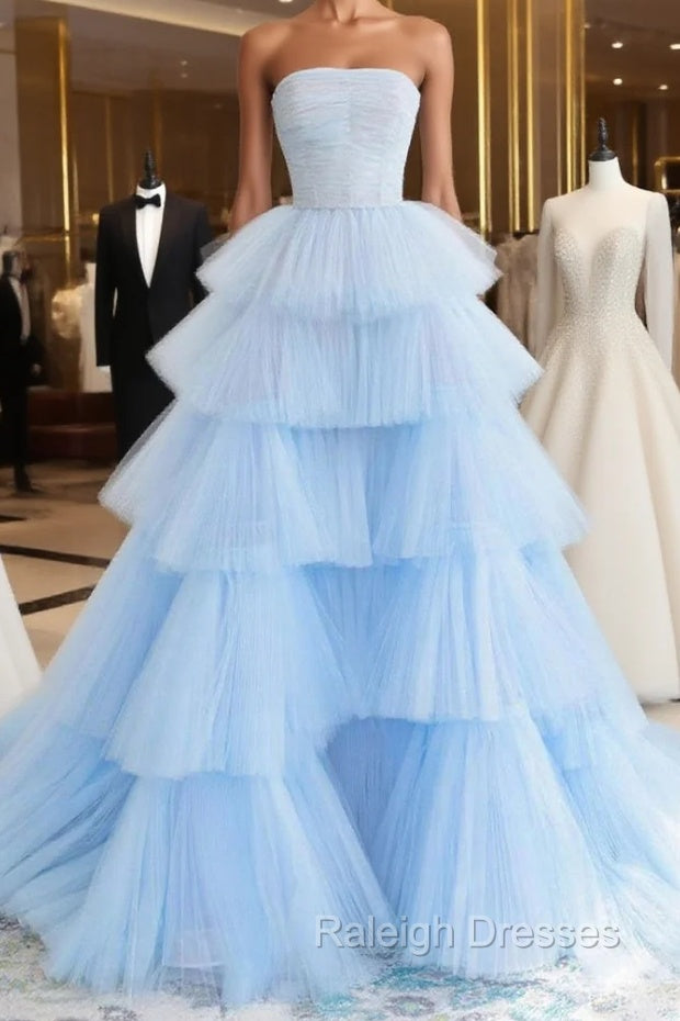 Blue High Low Tulle Prom Dresses, Blue Tulle High Low Formal Graduation Dresses Main image