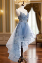 Blue High Low Tulle V-neckline Straps Party Dress with Lace, Cute Homecoming Dress