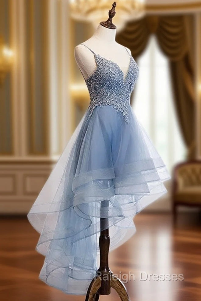 Blue High Low Tulle V-neckline Straps Party Dress with Lace, Cute Homecoming Dress