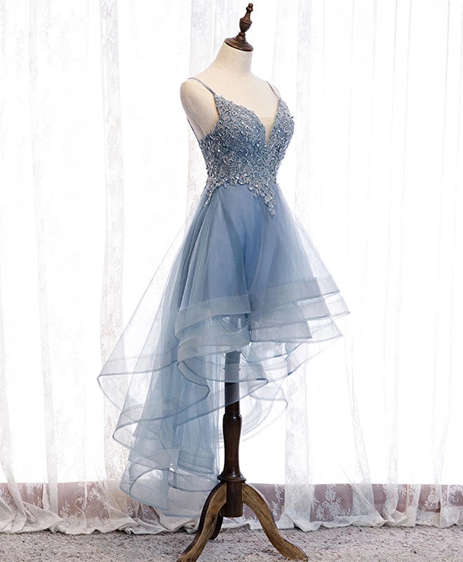 Blue High Low Tulle V-Neckline Straps Prom Dresses With Lace Cute Homecoming Dresses