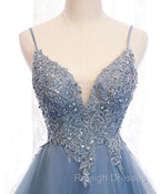 Blue High Low Tulle V Neckline Straps Prom Dresses with Lace Cute Homecoming Dresses