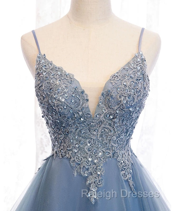 Blue High Low Tulle V Neckline Straps Prom Dresses with Lace Cute Homecoming Dresses