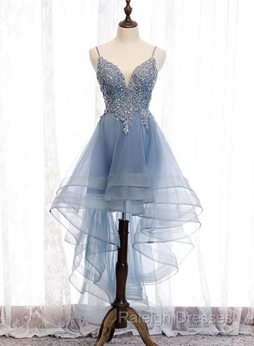 Blue High Low Tulle V Neckline Straps Prom Dresses with Lace Cute Homecoming Dresses Secondary image