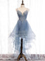 Blue High Low Tulle V Neckline Straps Prom Dresses with Lace Cute Homecoming Dresses