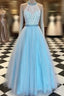 Blue High Neck Lace Tulle Long Prom Dress, Blue Evening Dress