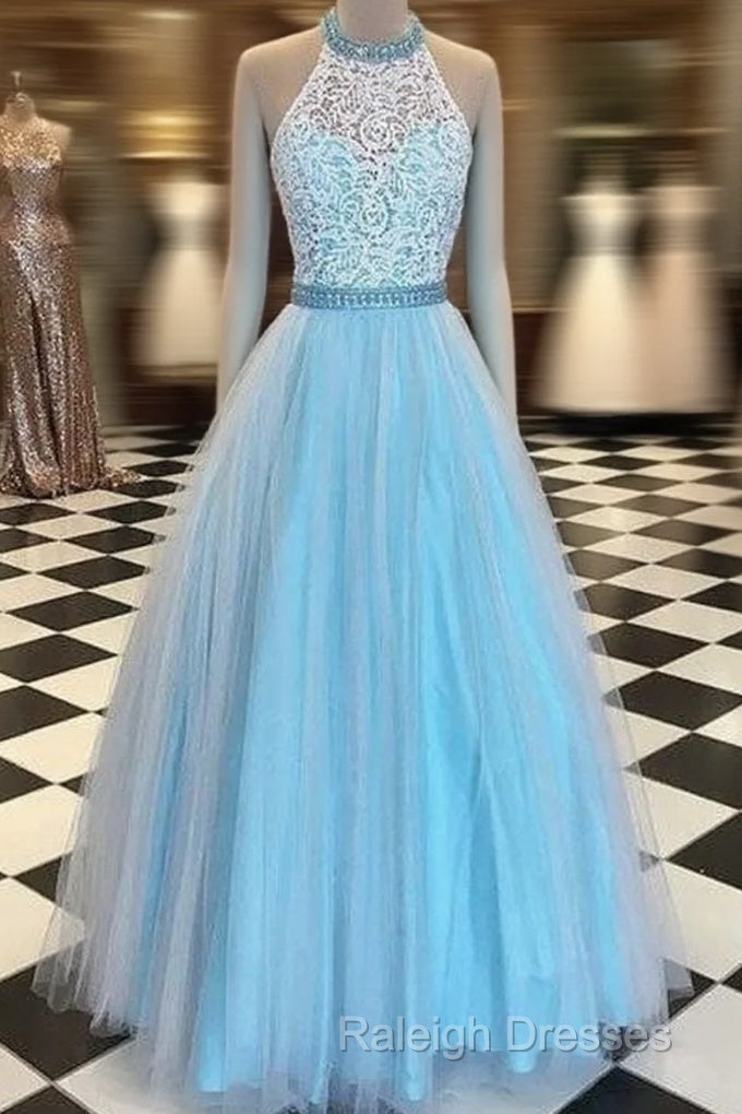 Blue High Neck Lace Tulle Long Prom Dresses Blue Prom Dresses