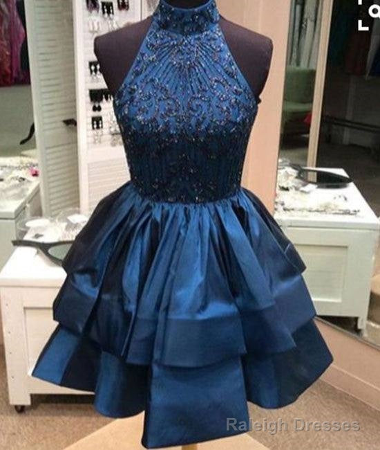 Blue High Neck Sequin Beaded Short Prom Dress, Cute Homecoming Dress