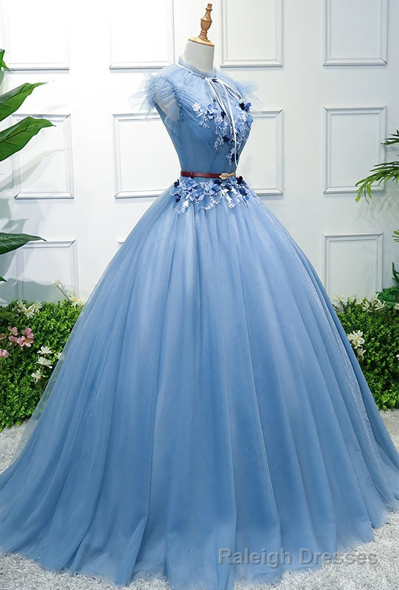 Blue High Neck Tulle Blue Long Prom Dress, Blue Evening Dress Main image