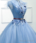Blue High Neck Tulle Blue Long Prom Dress, Blue Prom Dress