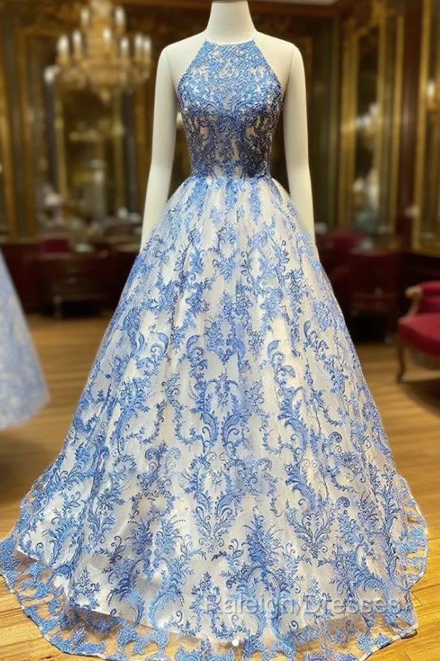 Blue High Neck Tulle Lace Long Prom Dress Blue Lace Prom Dress