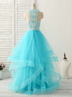 Blue High Neck Tulle Long Prom Dress Blue Prom Dress