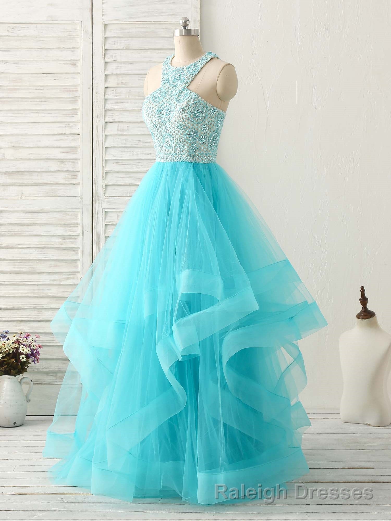 Blue High Neck Tulle Long Prom Dress Blue Evening Dress Secondary image