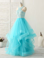 Blue High Neck Tulle Long Prom Dress Blue Evening Dress