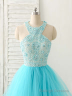 Blue High Neck Tulle Long Prom Dress Blue Evening Dress