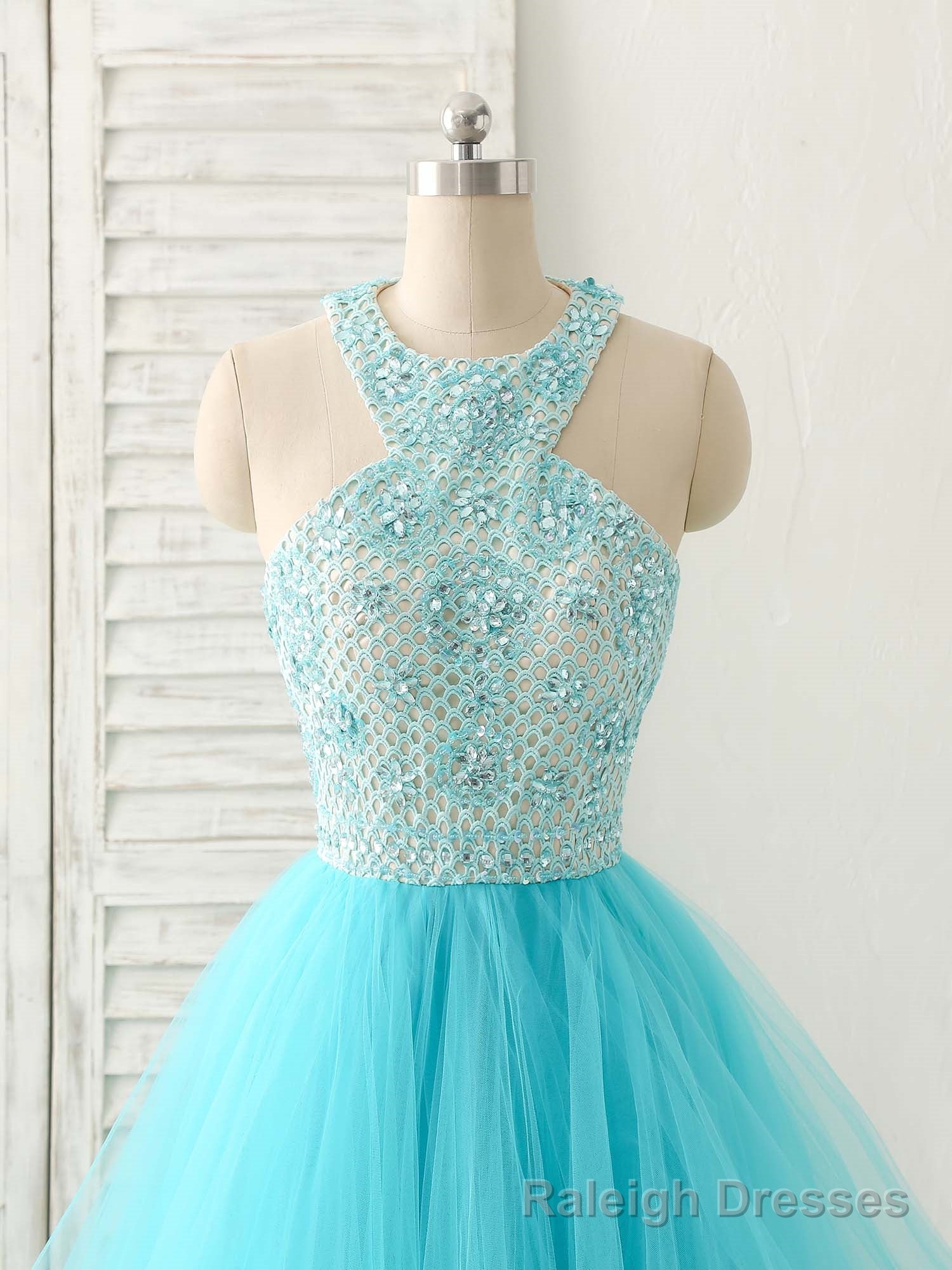 Blue High Neck Tulle Long Prom Dress Blue Evening Dress