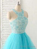 Blue High Neck Tulle Long Prom Dress Blue Prom Dress