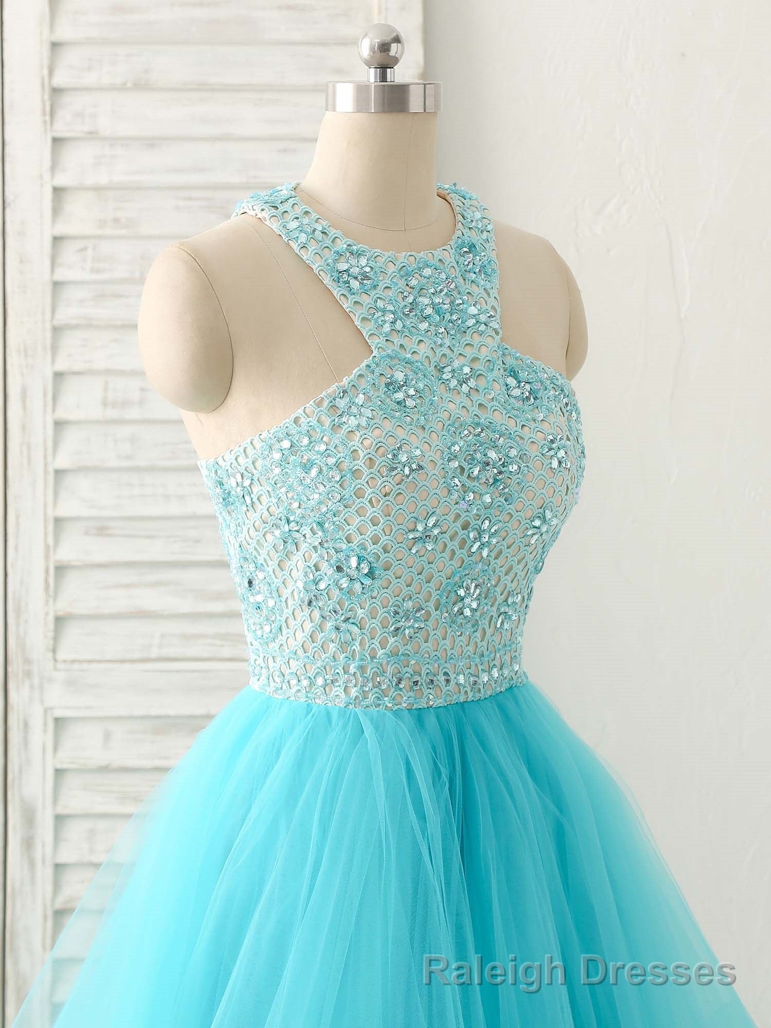 Blue High Neck Tulle Long Prom Dress Blue Prom Dress
