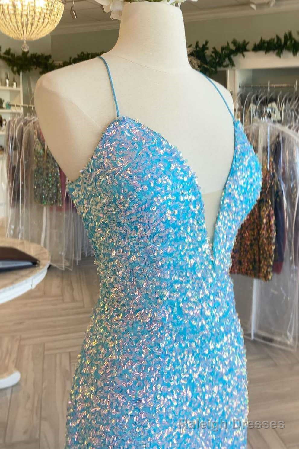 Blue Iridescent Sequin Prom Dress V Neck Mermaid Graduation Dresses Split Secondary image