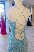 Blue Iridescent Sequin Prom Dress V Neck Mermaid Graduation Dresses Split