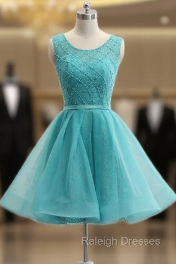 Blue Knee Length Lace With Tulle Open Back Cocktail Dresses Main image