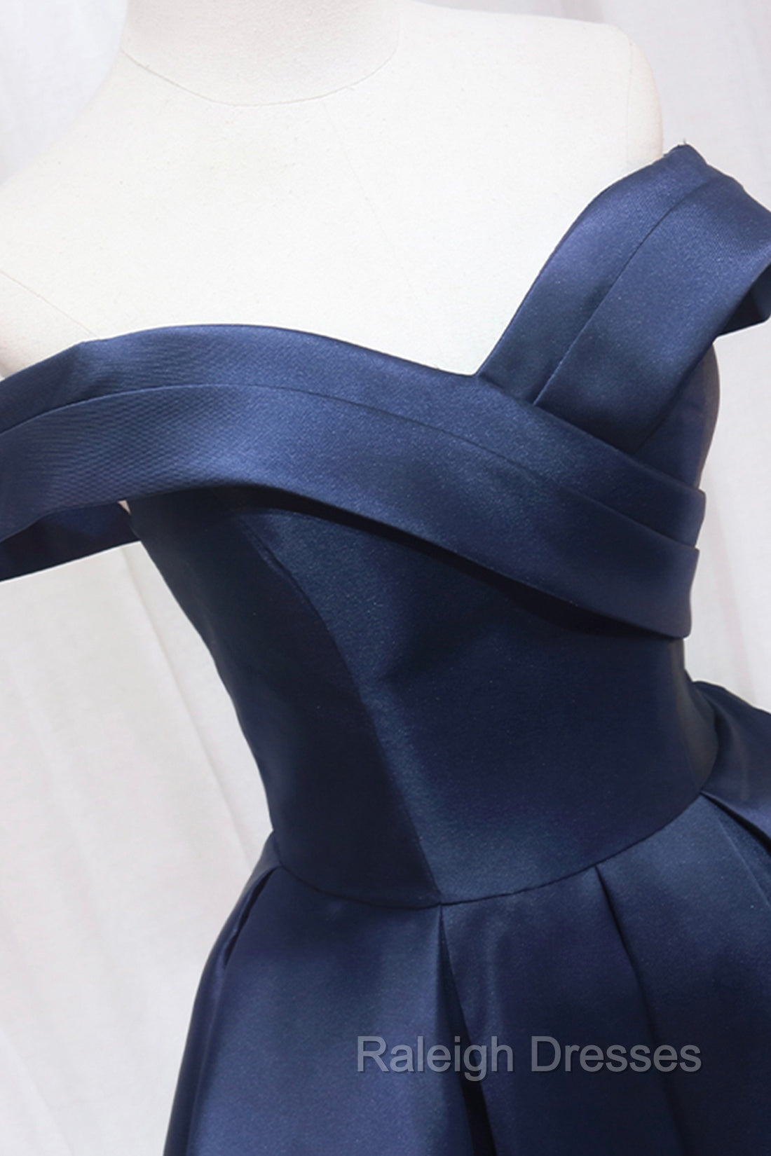 Blue Knee Length Satin Short Prom Dress, Off the Shoulder Blue Homecoming Dress