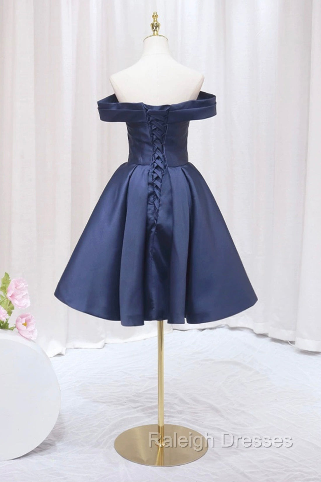 Blue Knee Length Satin Short Prom Dress, Off the Shoulder Blue Homecoming Dress