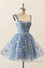 Blue Knee Length Tulle Party Dress, Cute Blue  Floral Tulle Homecoming Dress