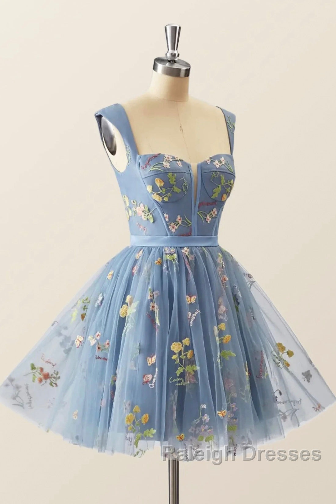 Blue Knee Length Tulle Party Dress, Cute Blue  Floral Tulle Homecoming Dress