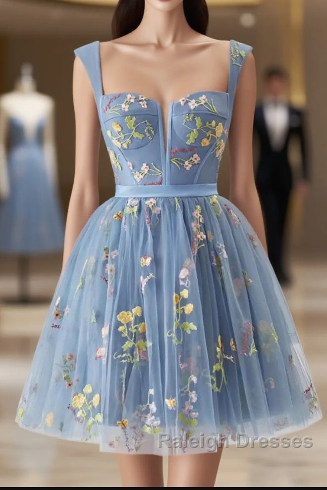 Blue Knee Length Tulle Party Dress, Cute Blue  Floral Tulle Homecoming Dress