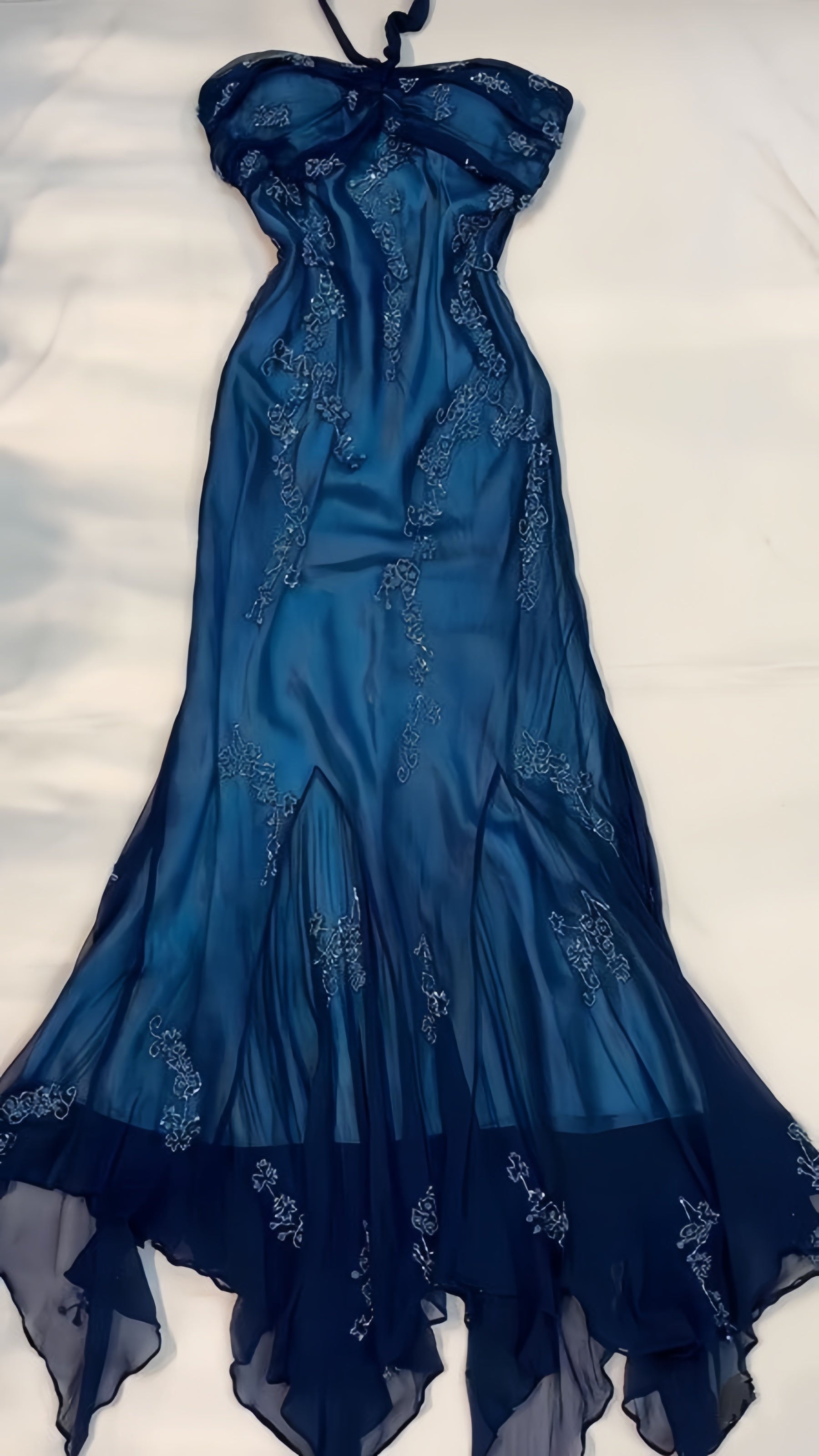 Blue Lace Appliques Chiffon Long Prom Dresses