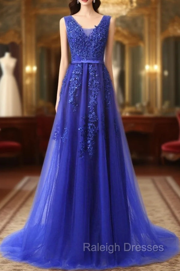 Blue Lace Beading Backless Prom Dress