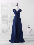 Blue Lace Chiffon Long Prom Dress Blue Bridesmaid Dress