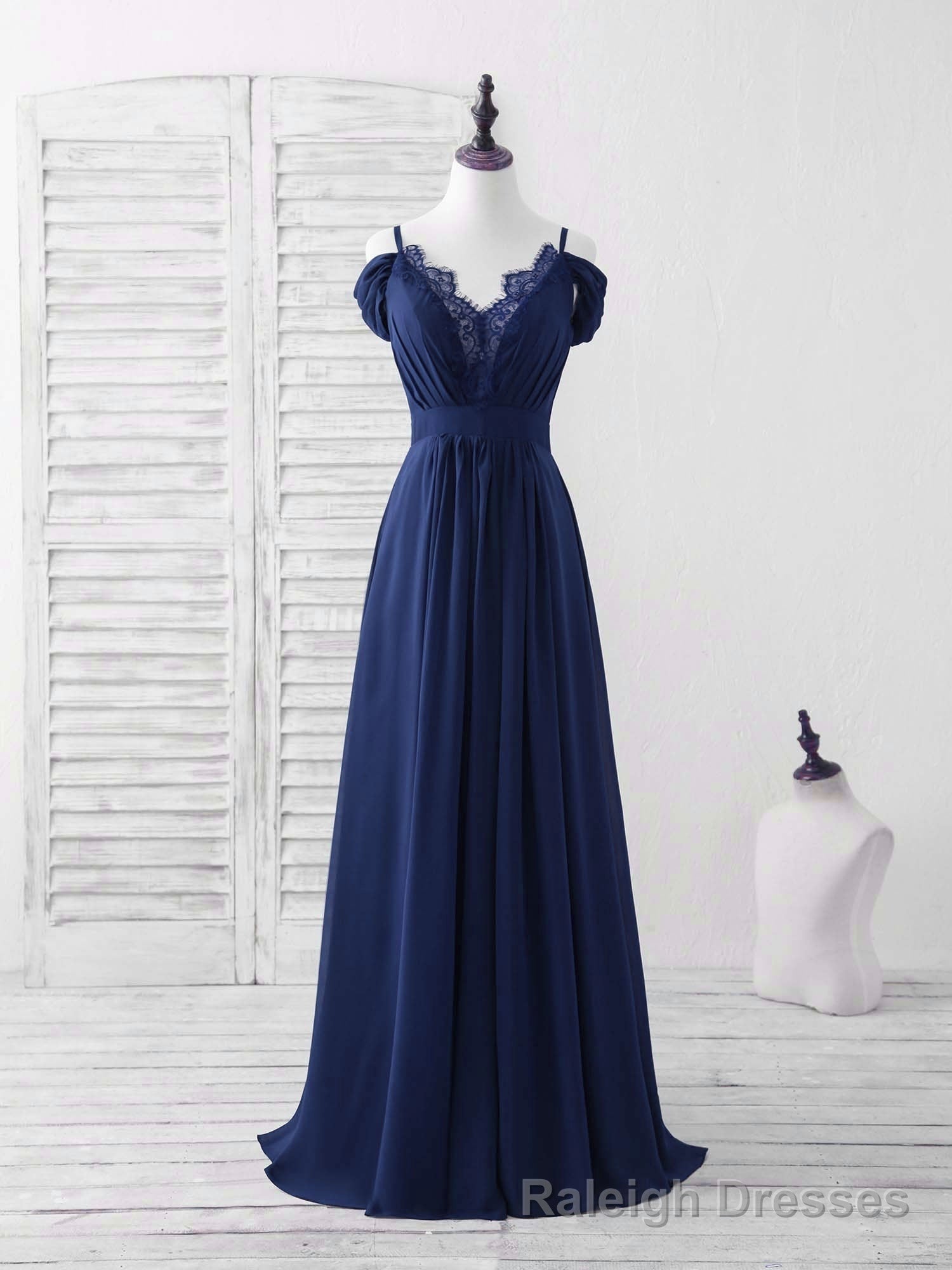 Blue Lace Chiffon Long Prom Dress Blue Bridesmaid Dress