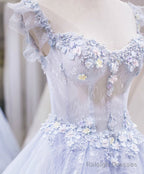 Blue Lace Floral Long Prom Dresses, Blue Lace Flower Long Formal Graduation Dresses