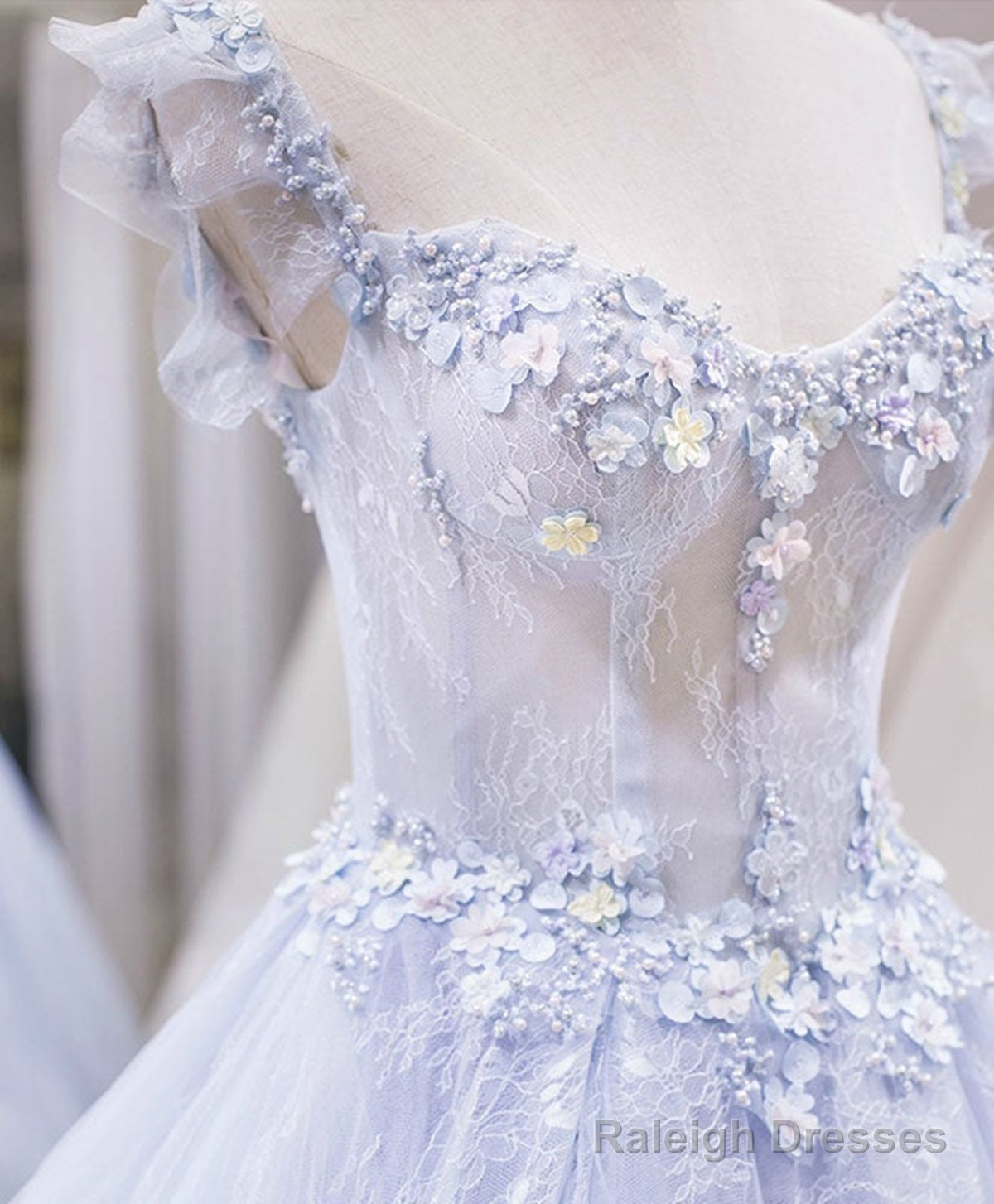 Blue Lace Floral Long Prom Dresses, Blue Lace Flower Long Formal Graduation Dresses