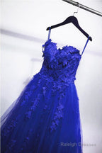 Blue Lace Floral Prom Dresses Tulle Applique Sweetheart Ball Gown Formal Dresses