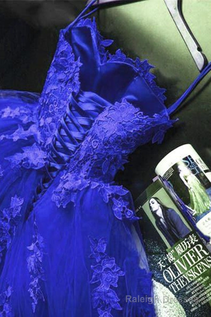 Blue Lace Floral Prom Dress Tulle Applique Sweetheart Ball Gowns Prom Dress