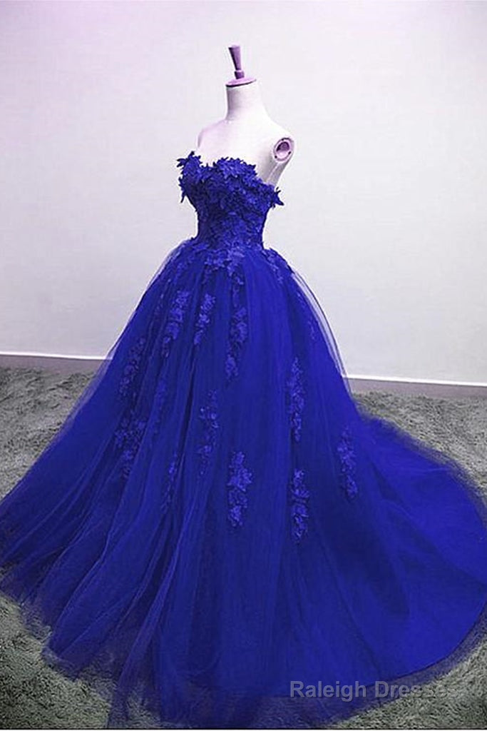 Blue Lace Floral Prom Dress Tulle Applique Sweetheart Ball Gowns Prom Dress