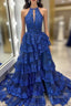 Blue Lace Halter Tiers Prom Dress