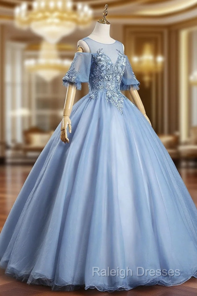Blue Lace Long A Line Ball Gown Blue Prom Dresses