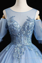 Blue Lace Long A Line Ball Gown Blue Prom Dresses