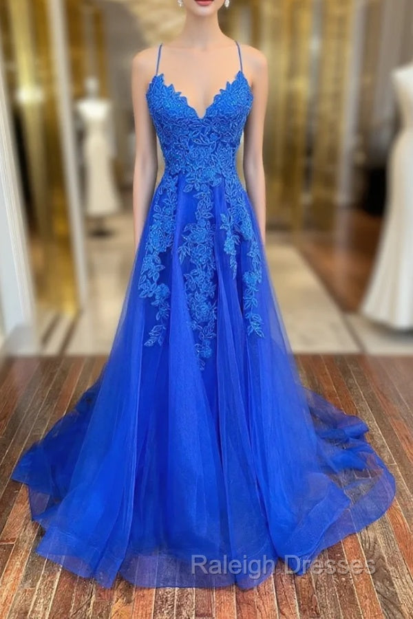 Blue Lace Long A-Line Prom Dress, Elegant V-Neck Formal Evening Dress