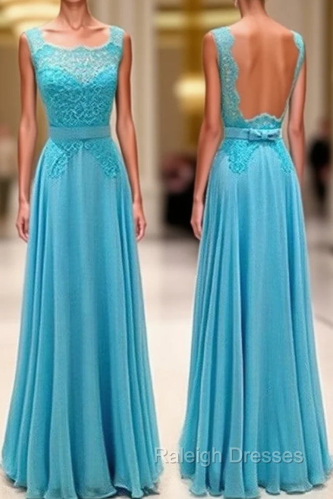 Blue Lace Long Prom Dress, Blue Evening Dress For Teens Main image