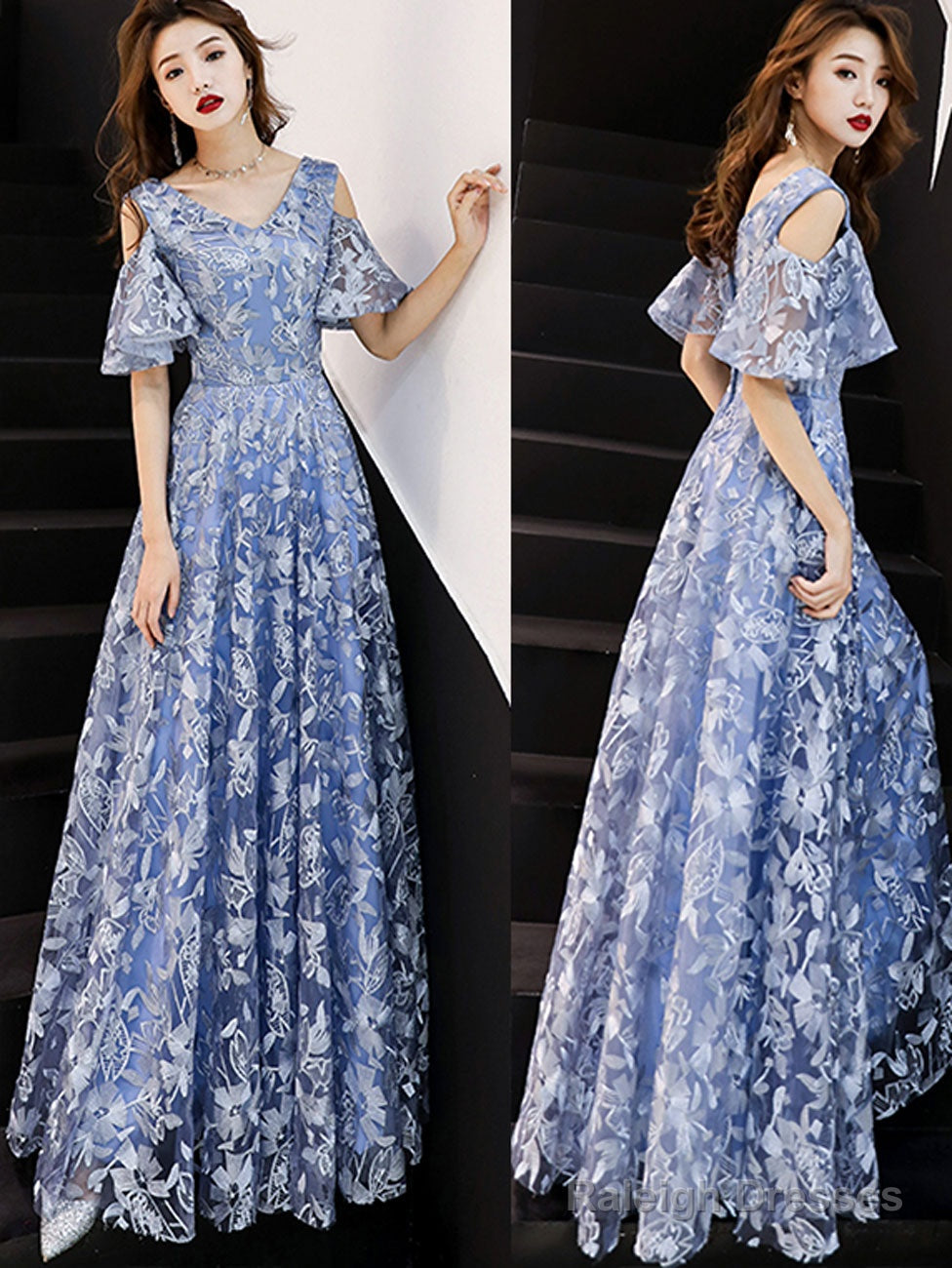 Blue Lace Long Prom Dresses, Blue Formal Party Dress Secondary image