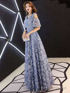 Blue Lace Long Prom Dresses, Blue Formal Party Dress